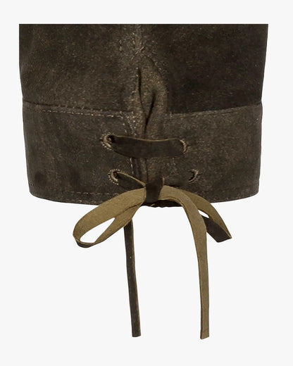 Close-up of a brown leather boot with laces on a white background