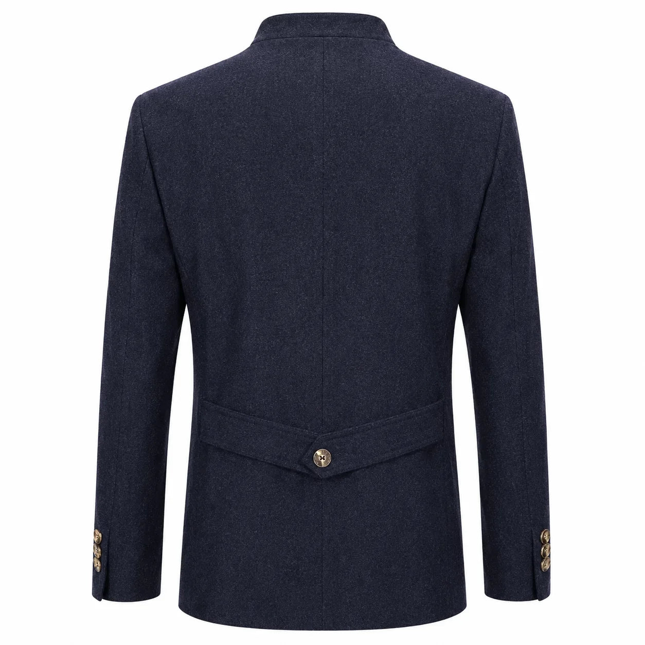 A dark navy blue wool-blend blazer shown from the back, featuring a single gold button at the waist and gold button detailing on the cuffs, set against a plain white background.