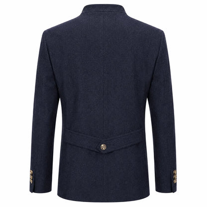 A dark navy blue wool-blend blazer shown from the back, featuring a single gold button at the waist and gold button detailing on the cuffs, set against a plain white background.