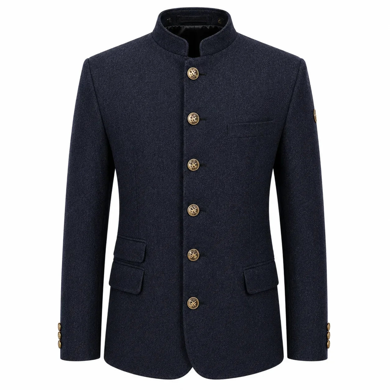 A men's dark navy blue jacket with a mandarin collar, gold-tone decorative buttons down the front, flap pockets, and a single chest pocket, shown on a plain white background.