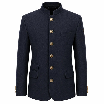 A men's dark navy blue jacket with a mandarin collar, gold-tone decorative buttons down the front, flap pockets, and a single chest pocket, shown on a plain white background.