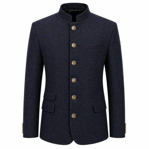A men's dark navy blue jacket with a mandarin collar, gold-tone decorative buttons down the front, flap pockets, and a single chest pocket, shown on a plain white background.