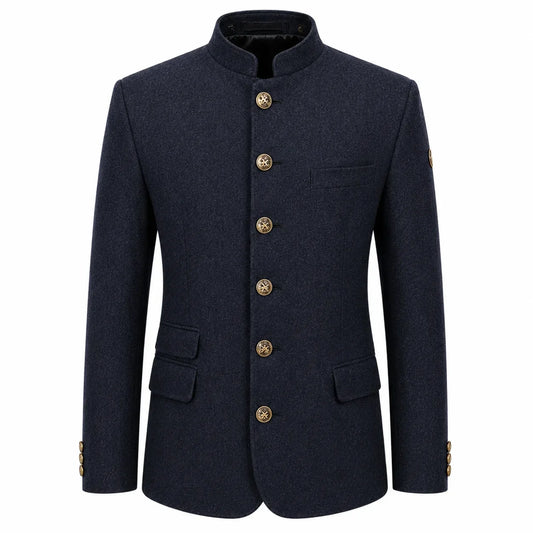 A men's dark navy blue jacket with a mandarin collar, gold-tone decorative buttons down the front, flap pockets, and a single chest pocket, shown on a plain white background.