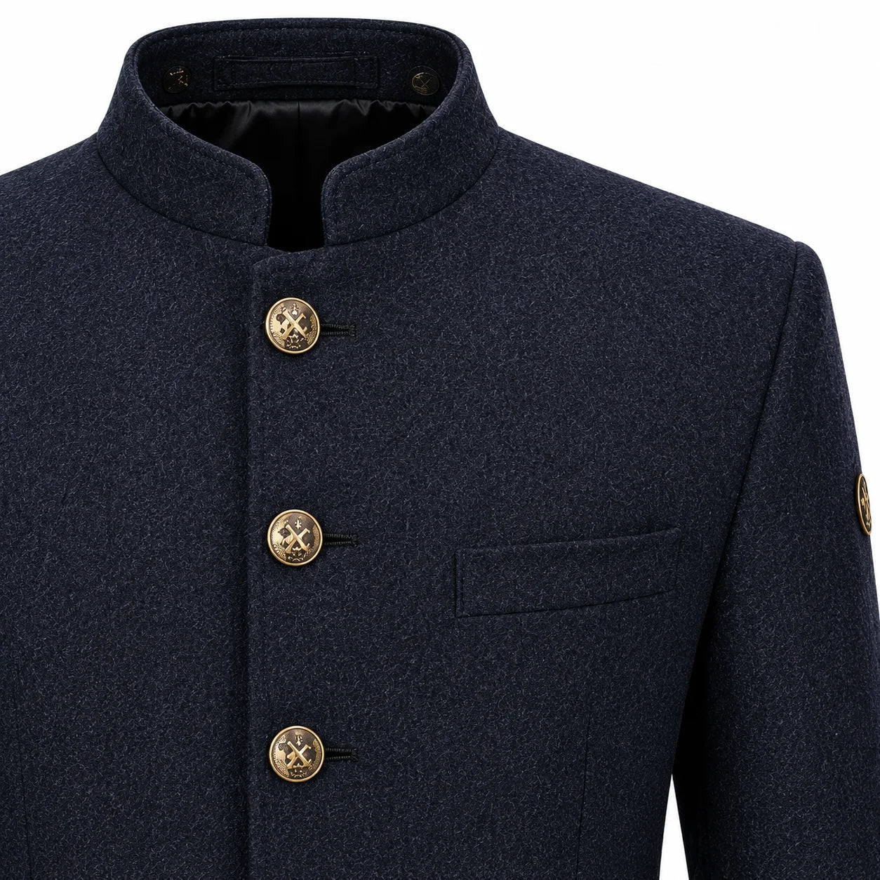 Navy blue fleece jacket with wave pattern on a white background