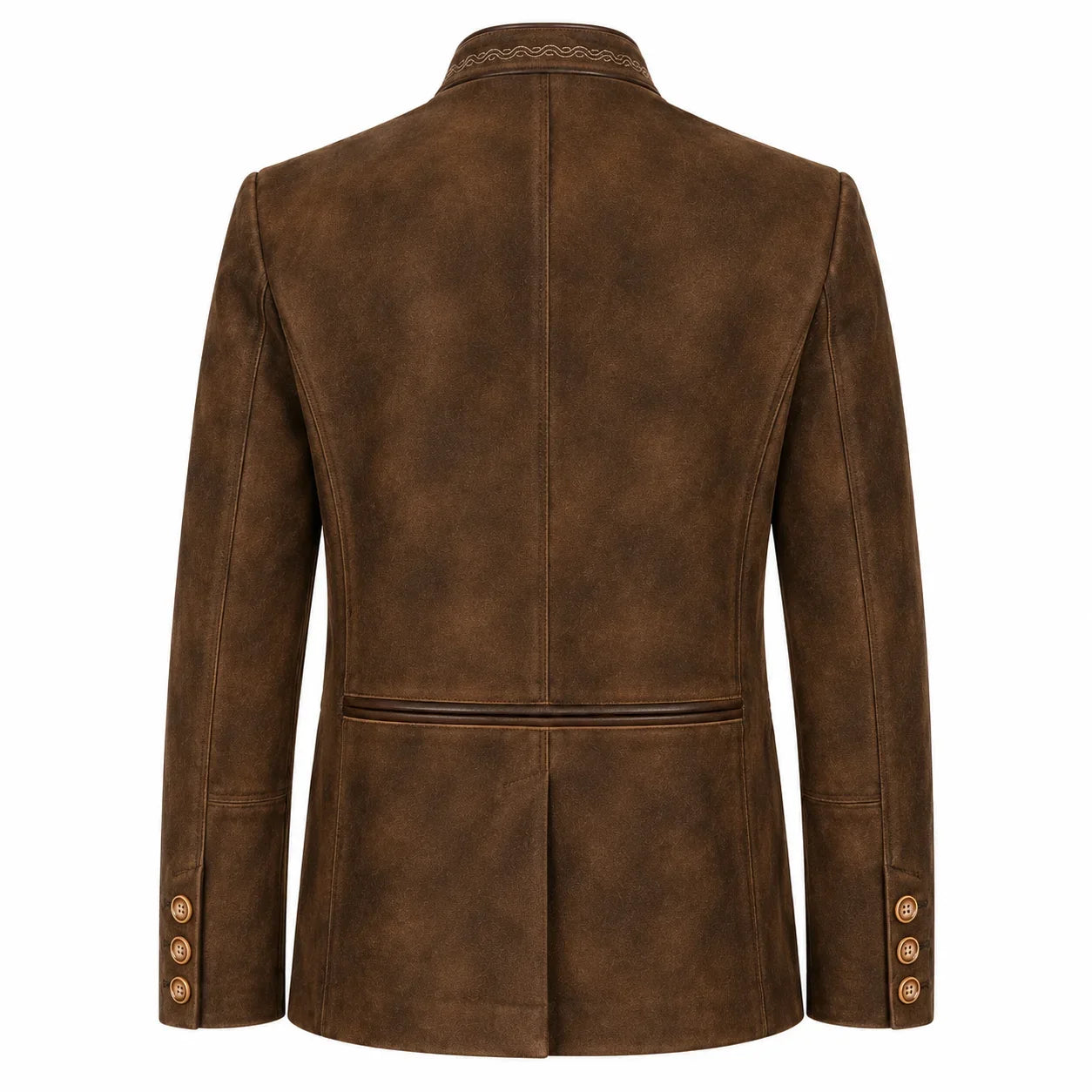 A brown suede-textured blazer shown from the back, featuring a high collar with decorative stitching, a single horizontal seam at the waist, and three gold-tone buttons on each sleeve cuff.