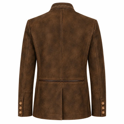 A brown suede-textured blazer shown from the back, featuring a high collar with decorative stitching, a single horizontal seam at the waist, and three gold-tone buttons on each sleeve cuff.