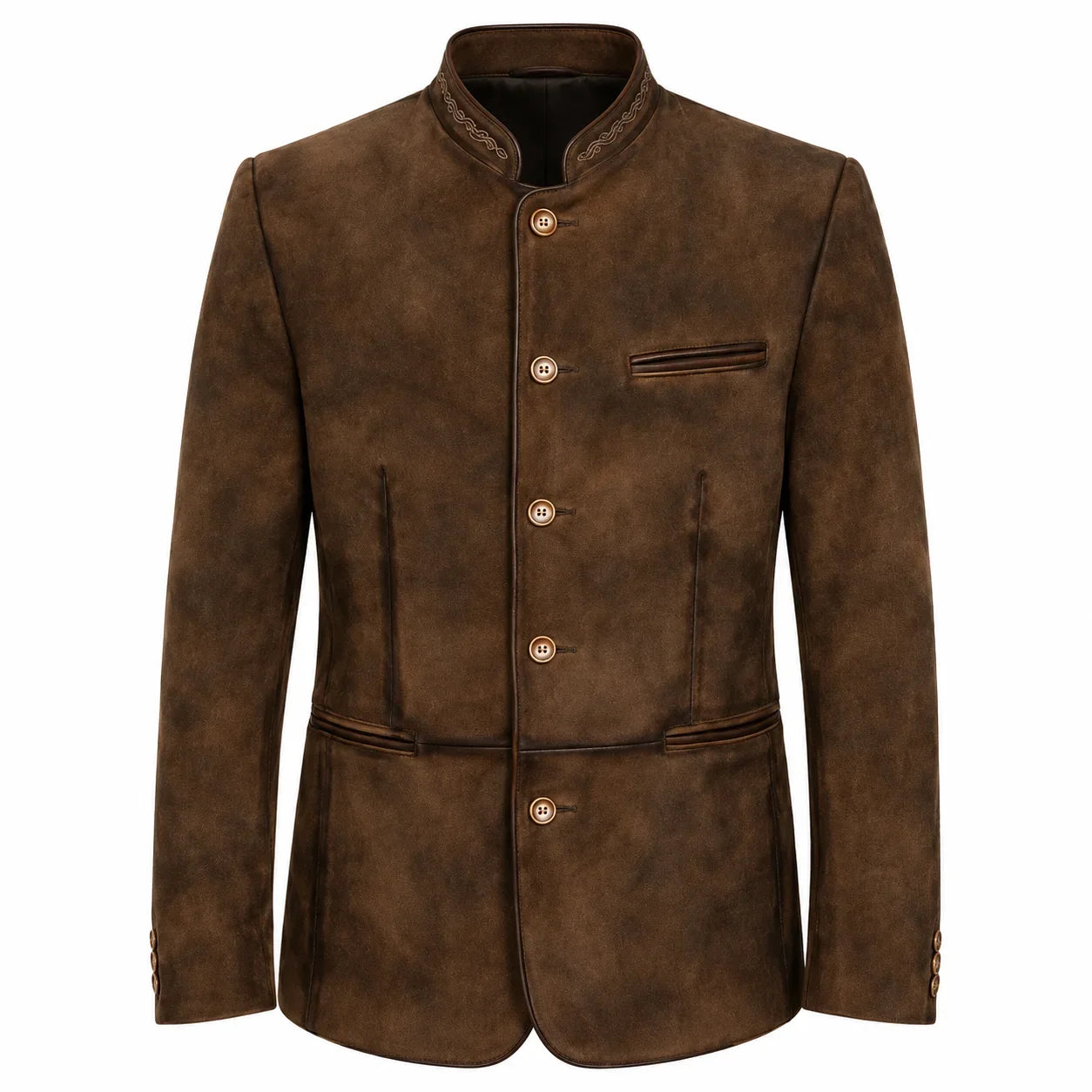 A men's brown textured jacket with a mandarin collar, four decorative buttons, and a welt pocket on the chest, shown against a plain white background.