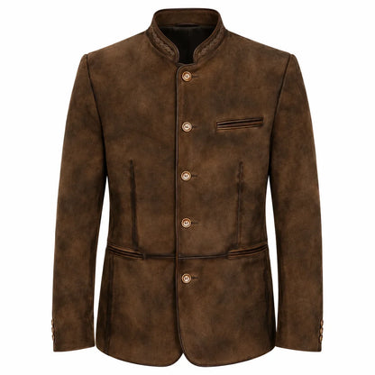 A men's brown textured jacket with a mandarin collar, four decorative buttons, and a welt pocket on the chest, shown against a plain white background.