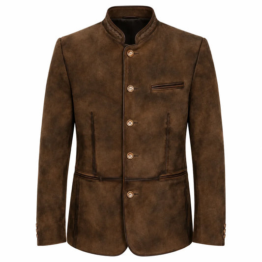 A men's brown textured jacket with a mandarin collar, four decorative buttons, and a welt pocket on the chest, shown against a plain white background.