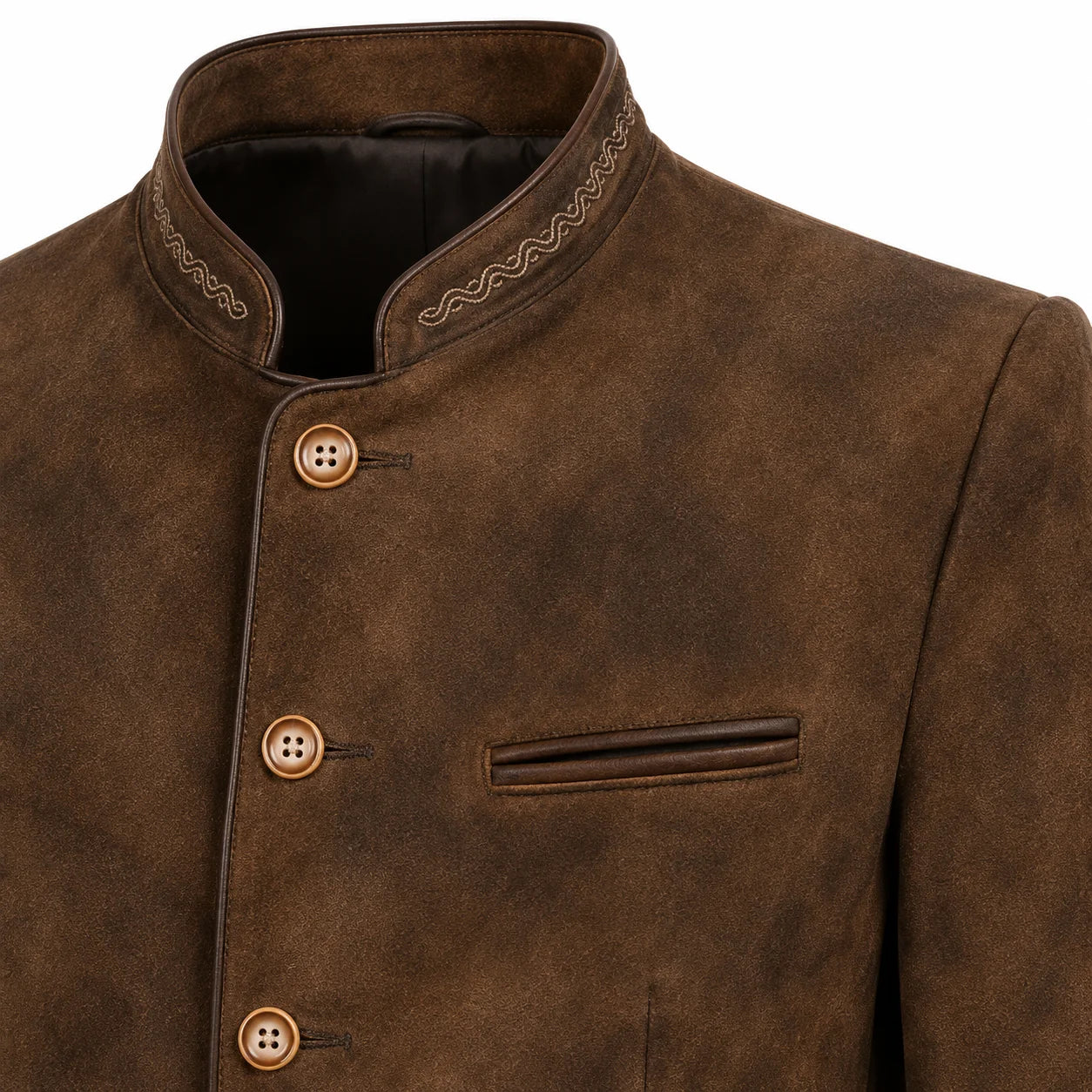 Close-up of a brown textured jacket with a mandarin collar, decorative stitching, and three brown buttons.