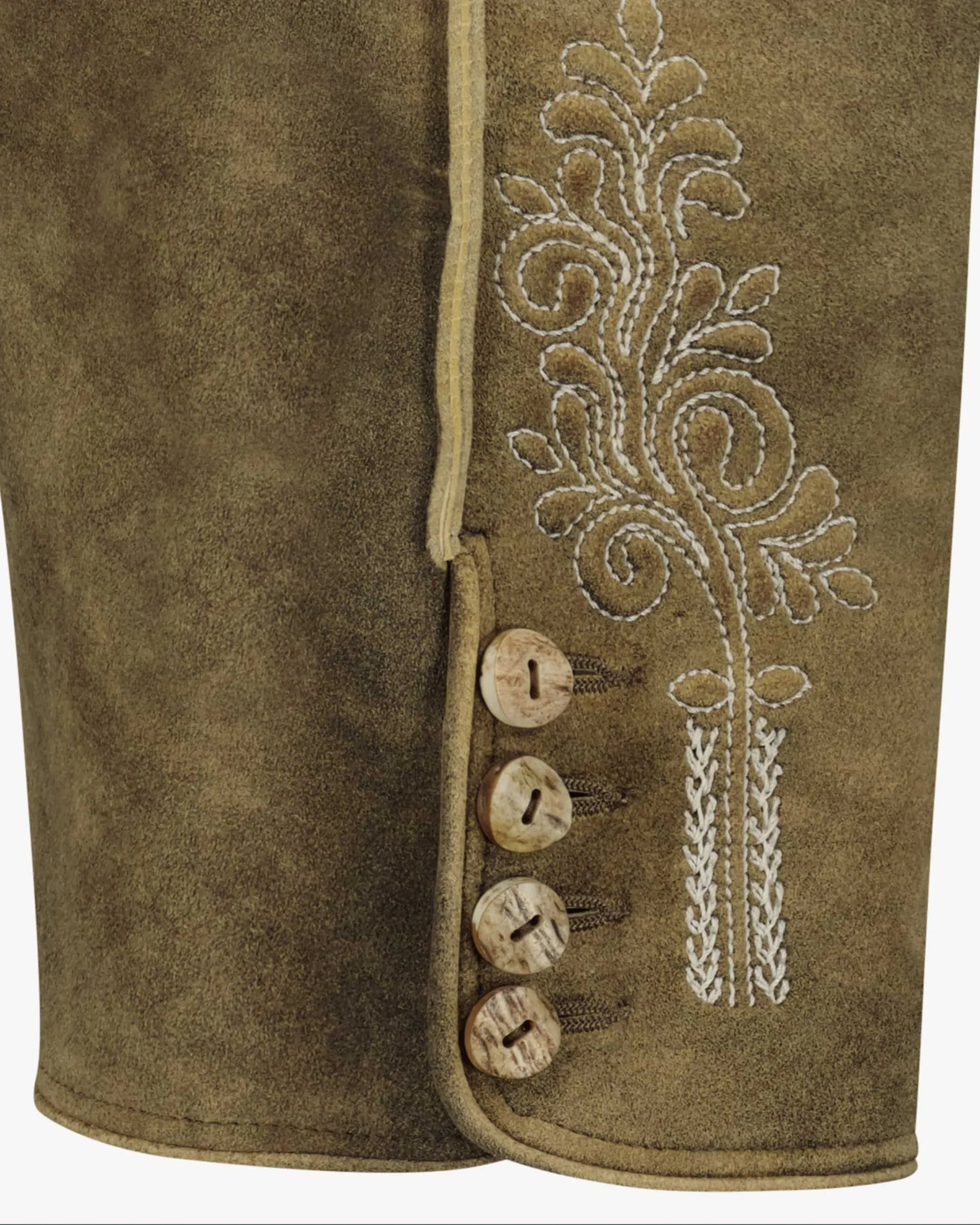 Brown suede jacket with embroidered design and buttons on a white background
