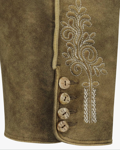 Brown suede jacket with embroidered design and buttons on a white background