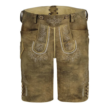 Brown leather shorts with embroidery on a white background