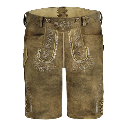 Brown leather shorts with embroidery on a white background