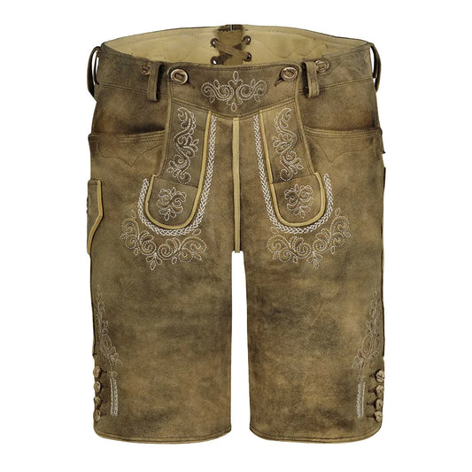 Brown leather shorts with embroidery on a white background