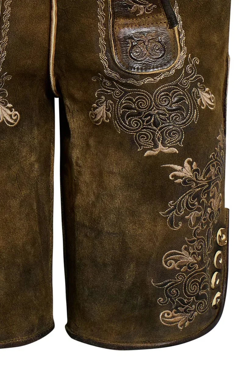 Brown leather shorts with intricate embroidery and a belt on a white background