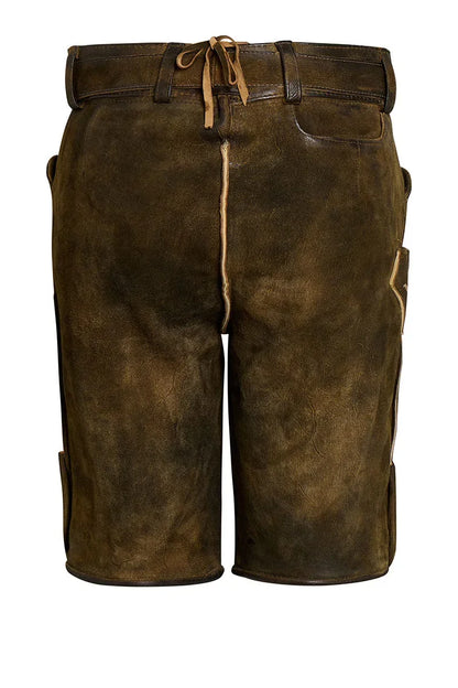 Brown leather shorts with intricate embroidery and a belt on a white background