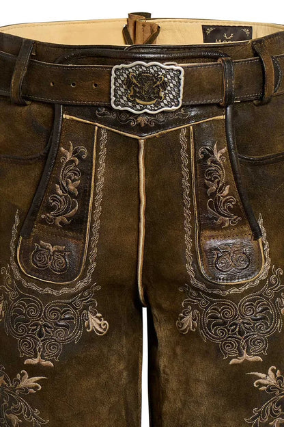 Brown leather pants with intricate embroidery and a decorative belt buckle.
