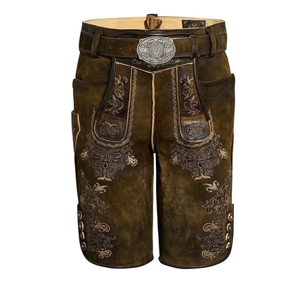 Brown leather shorts with intricate embroidery and a belt on a white background