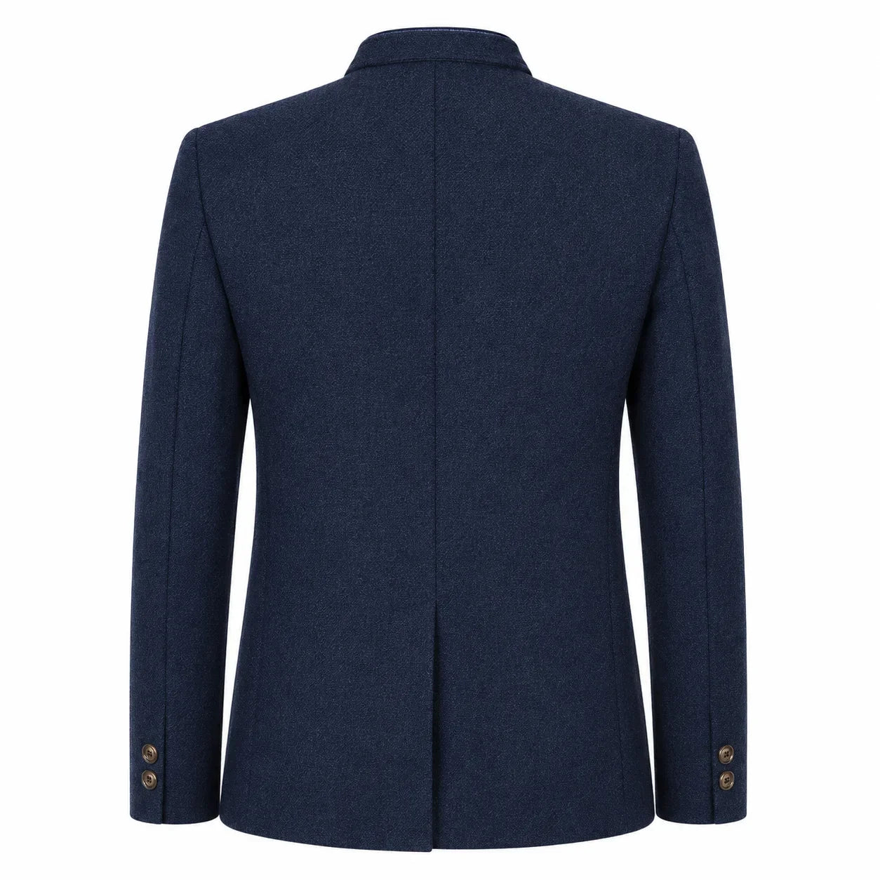 A dark navy blue blazer shown from the back, featuring a structured collar, long sleeves, and decorative gold buttons on the cuffs, set against a plain white background.