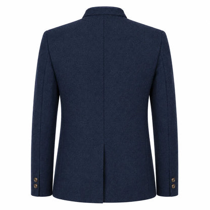 A dark navy blue blazer shown from the back, featuring a structured collar, long sleeves, and decorative gold buttons on the cuffs, set against a plain white background.