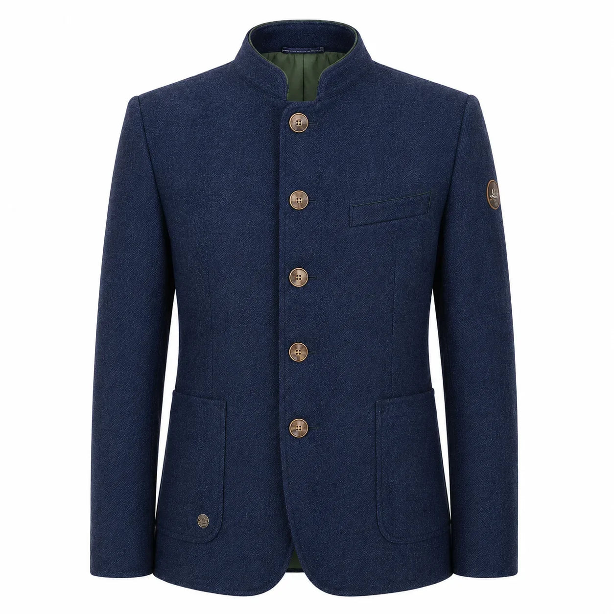 A men's navy blue wool-blend jacket with a mandarin collar, five decorative gold-tone buttons, and flap pockets, shown on a plain white background.