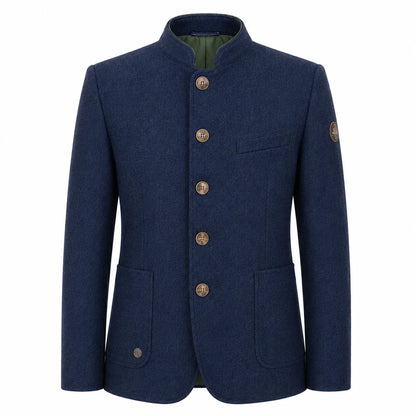 A men's navy blue wool-blend jacket with a mandarin collar, five decorative gold-tone buttons, and flap pockets, shown on a plain white background.