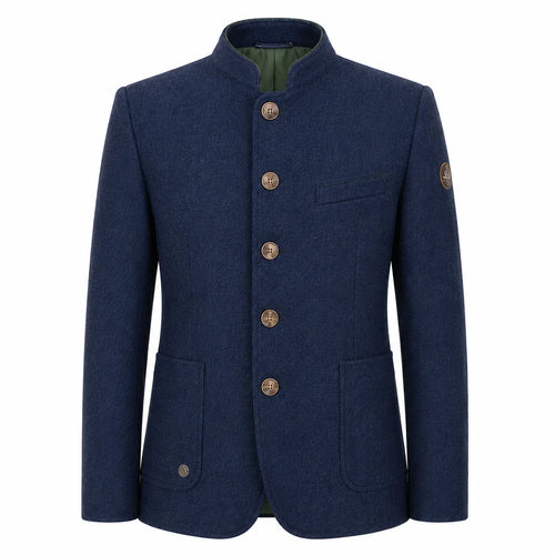 A men's navy blue wool-blend jacket with a mandarin collar, five decorative gold-tone buttons, and flap pockets, shown on a plain white background.