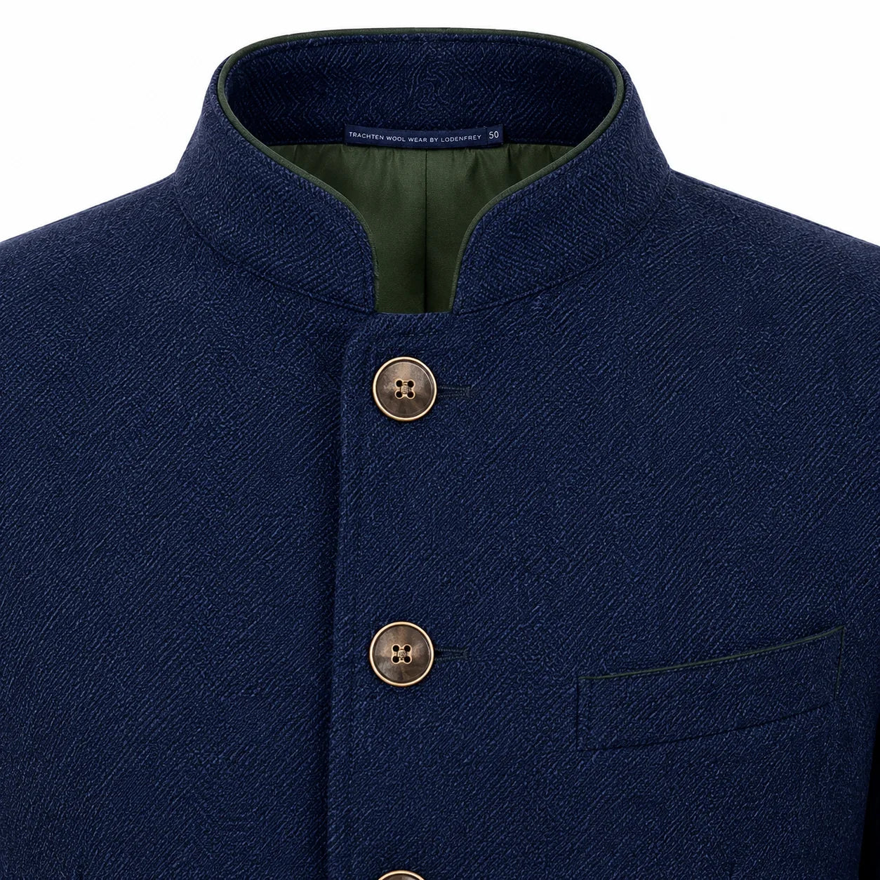 Close-up of a navy blue textured jacket with a mandarin collar, three front buttons, and a green inner lining.