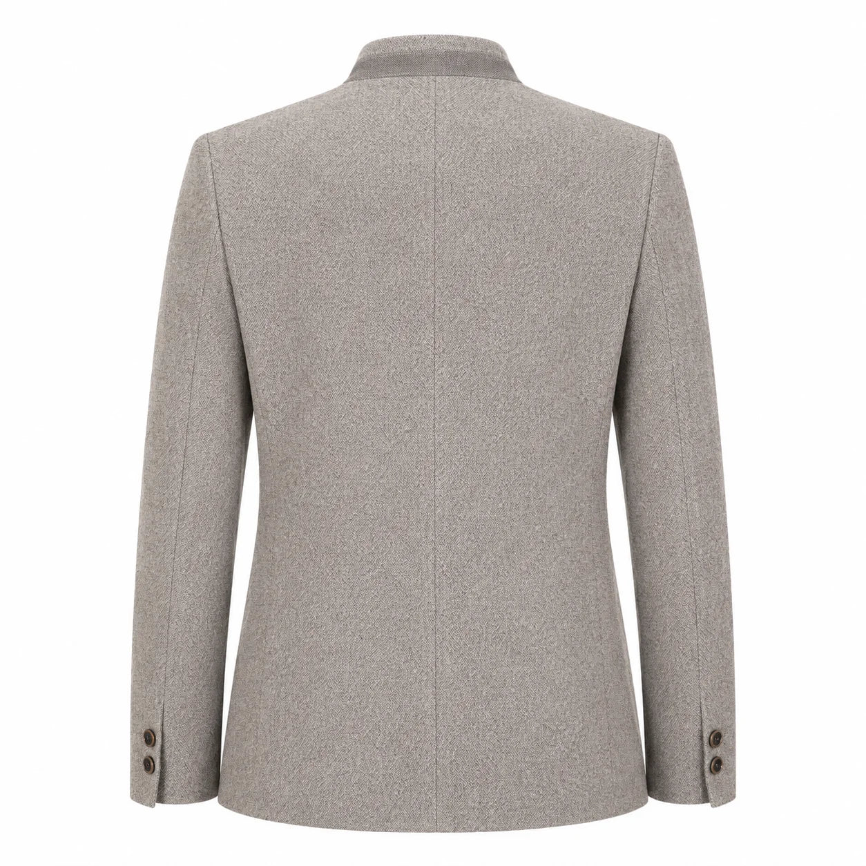A light gray textured wool blazer shown from the back, featuring a structured collar, long sleeves with button cuffs, and a clean center seam, set against a plain white background.