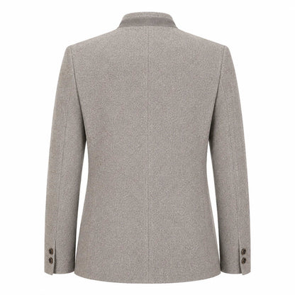 A light gray textured wool blazer shown from the back, featuring a structured collar, long sleeves with button cuffs, and a clean center seam, set against a plain white background.