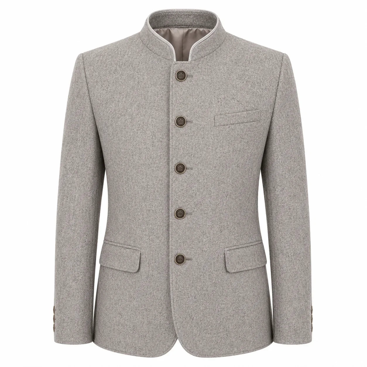 A light gray textured wool jacket with a mandarin collar, five dark brown buttons, and flap pockets, shown on a plain white background.