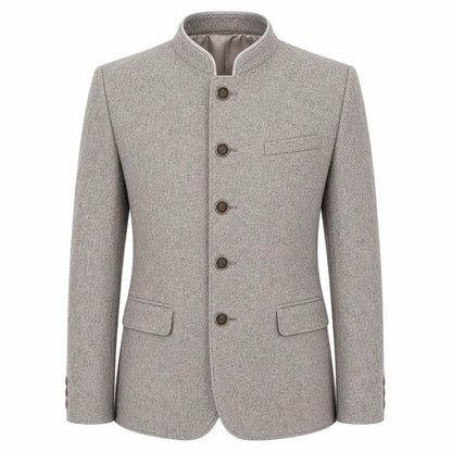 A light gray textured wool jacket with a mandarin collar, five dark brown buttons, and flap pockets, shown on a plain white background.
