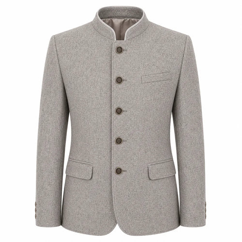 A light gray textured wool jacket with a mandarin collar, five dark brown buttons, and flap pockets, shown on a plain white background.