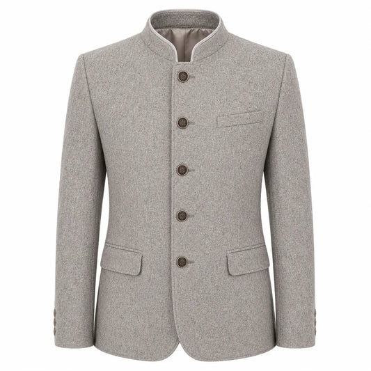 A light gray textured wool jacket with a mandarin collar, five dark brown buttons, and flap pockets, shown on a plain white background.