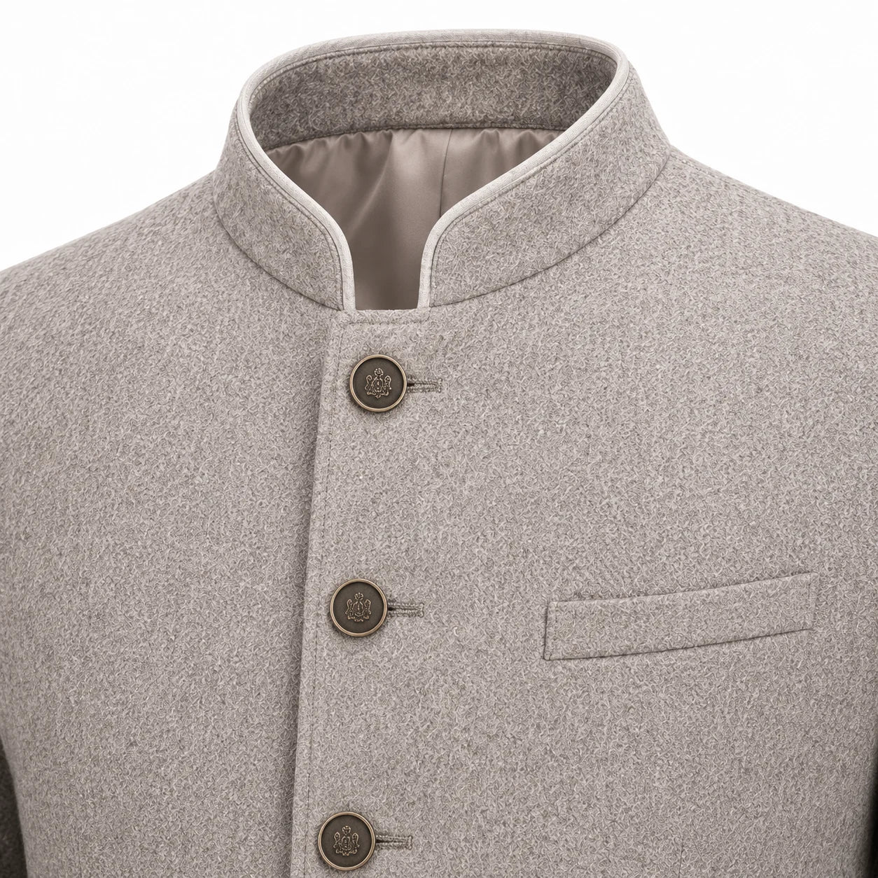 Close-up of a light gray textured wool jacket with a mandarin collar, three dark metal buttons, and a welt pocket on the chest.