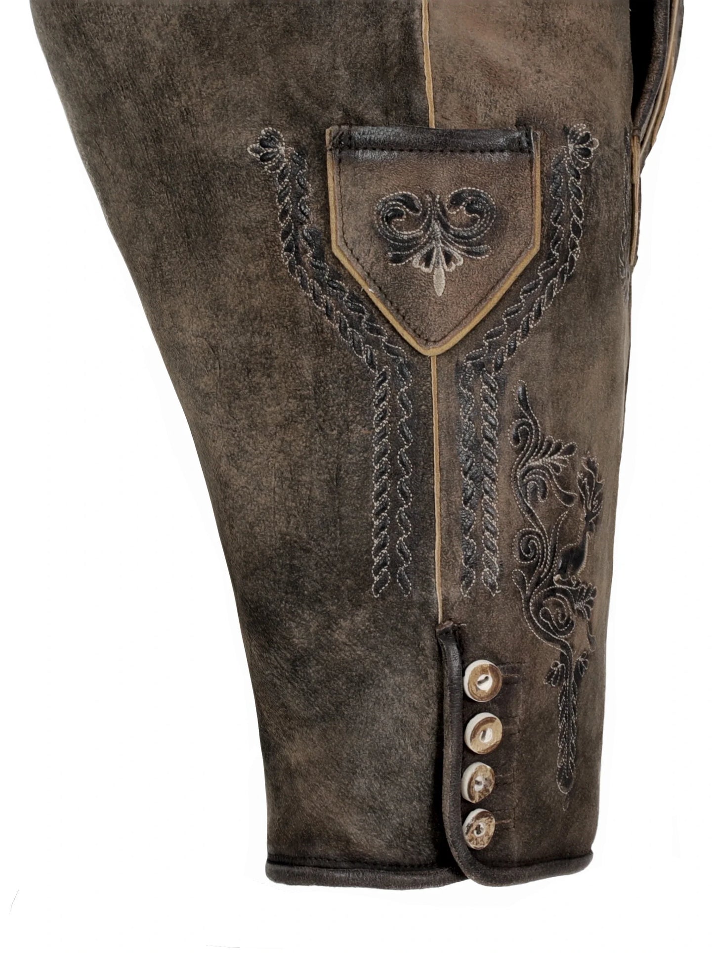 Brown leather boot with decorative stitching on a white background