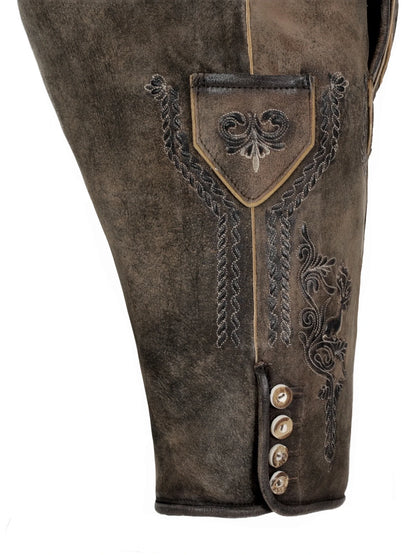 Brown leather boot with decorative stitching on a white background