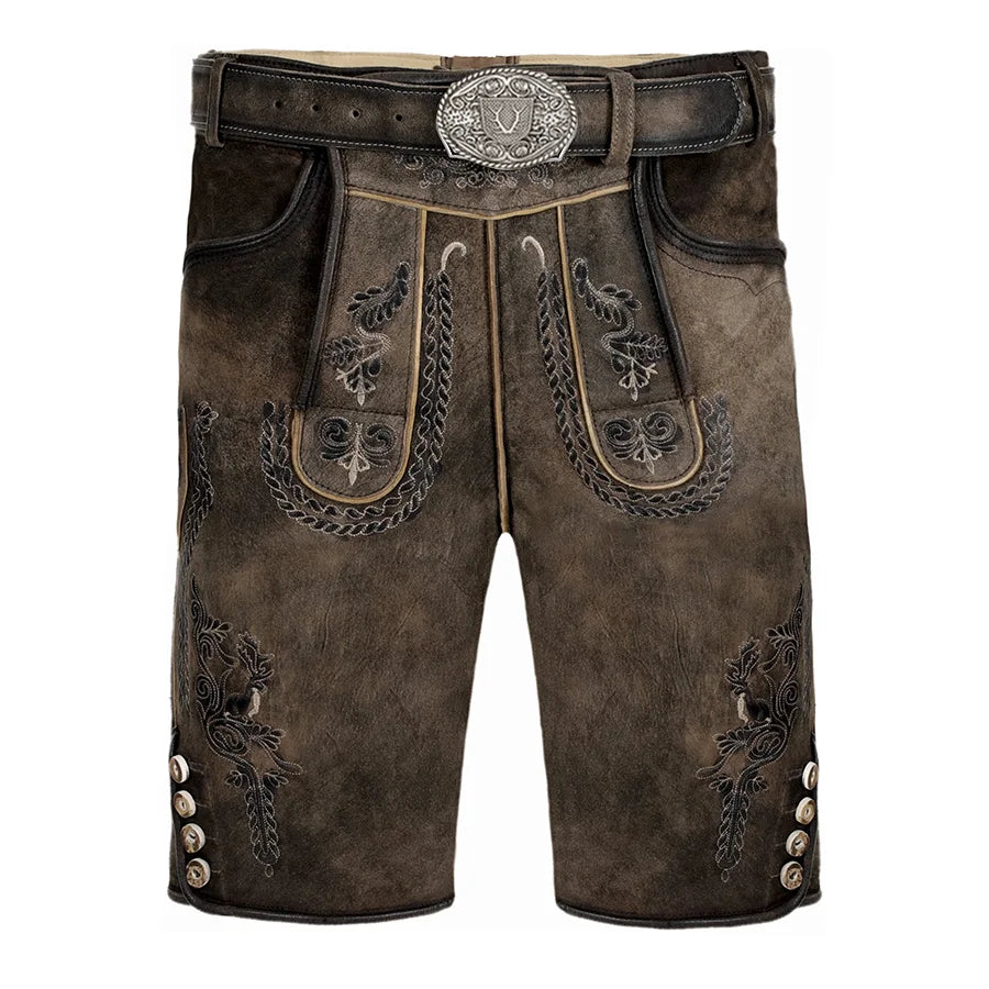Brown leather shorts with decorative elements and a belt on a white background