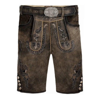 Brown leather shorts with decorative elements and a belt on a white background