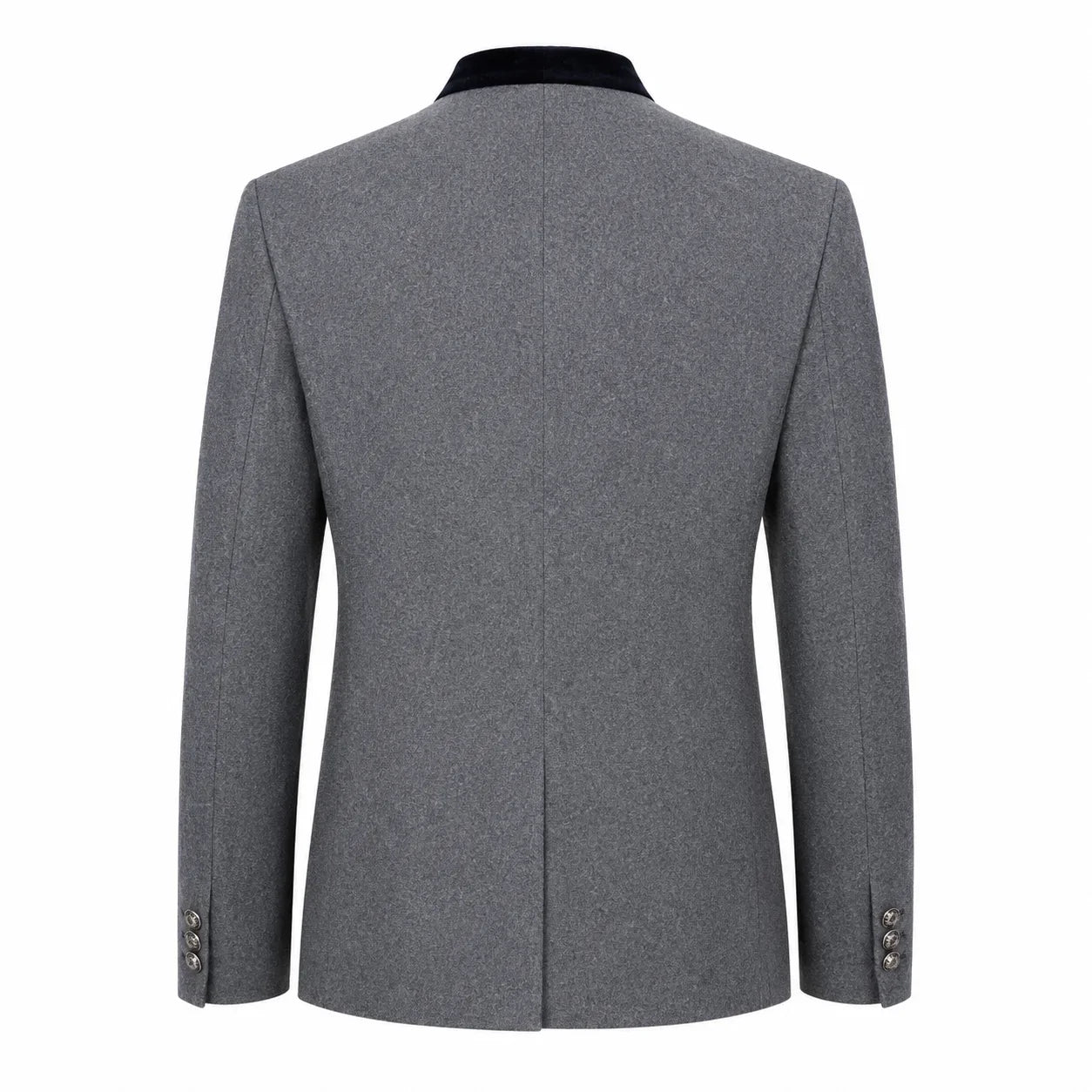 The back view of a men's gray wool blazer with a contrasting black collar, displayed on a clean white background.
