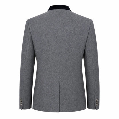The back view of a men's gray wool blazer with a contrasting black collar, displayed on a clean white background.