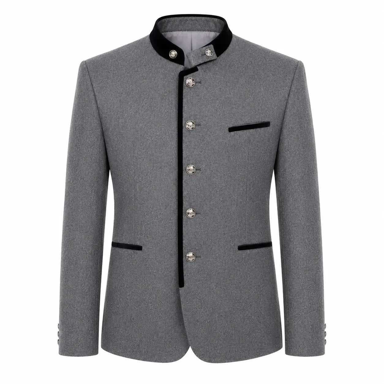 A gray men's traditional jacket with a mandarin collar, black trim, and silver-tone buttons, shown on a plain white background.