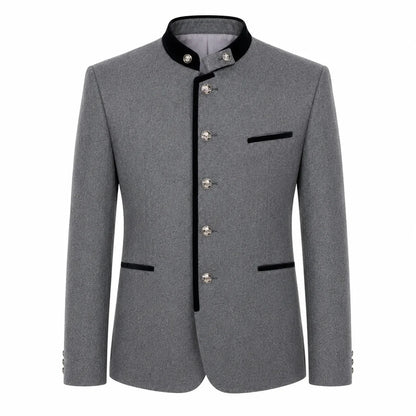 A gray men's traditional jacket with a mandarin collar, black trim, and silver-tone buttons, shown on a plain white background.