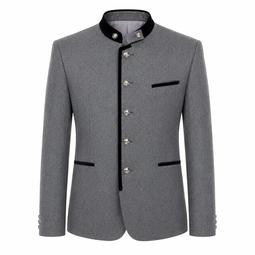 A gray men's traditional jacket with a mandarin collar, black trim, and silver-tone buttons, shown on a plain white background.