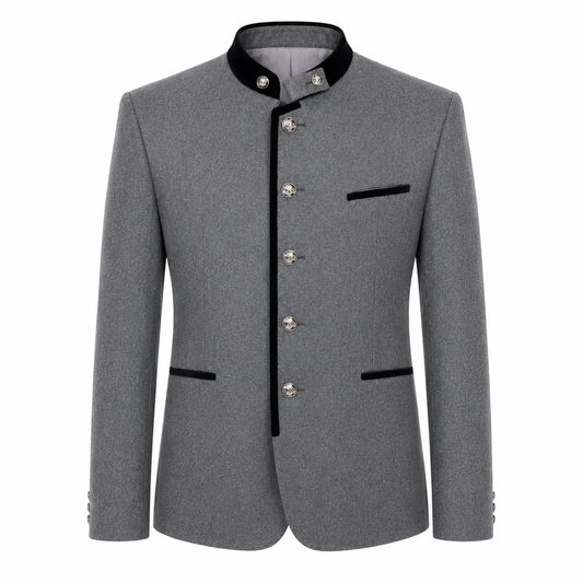 A gray men's traditional jacket with a mandarin collar, black trim, and silver-tone buttons, shown on a plain white background.