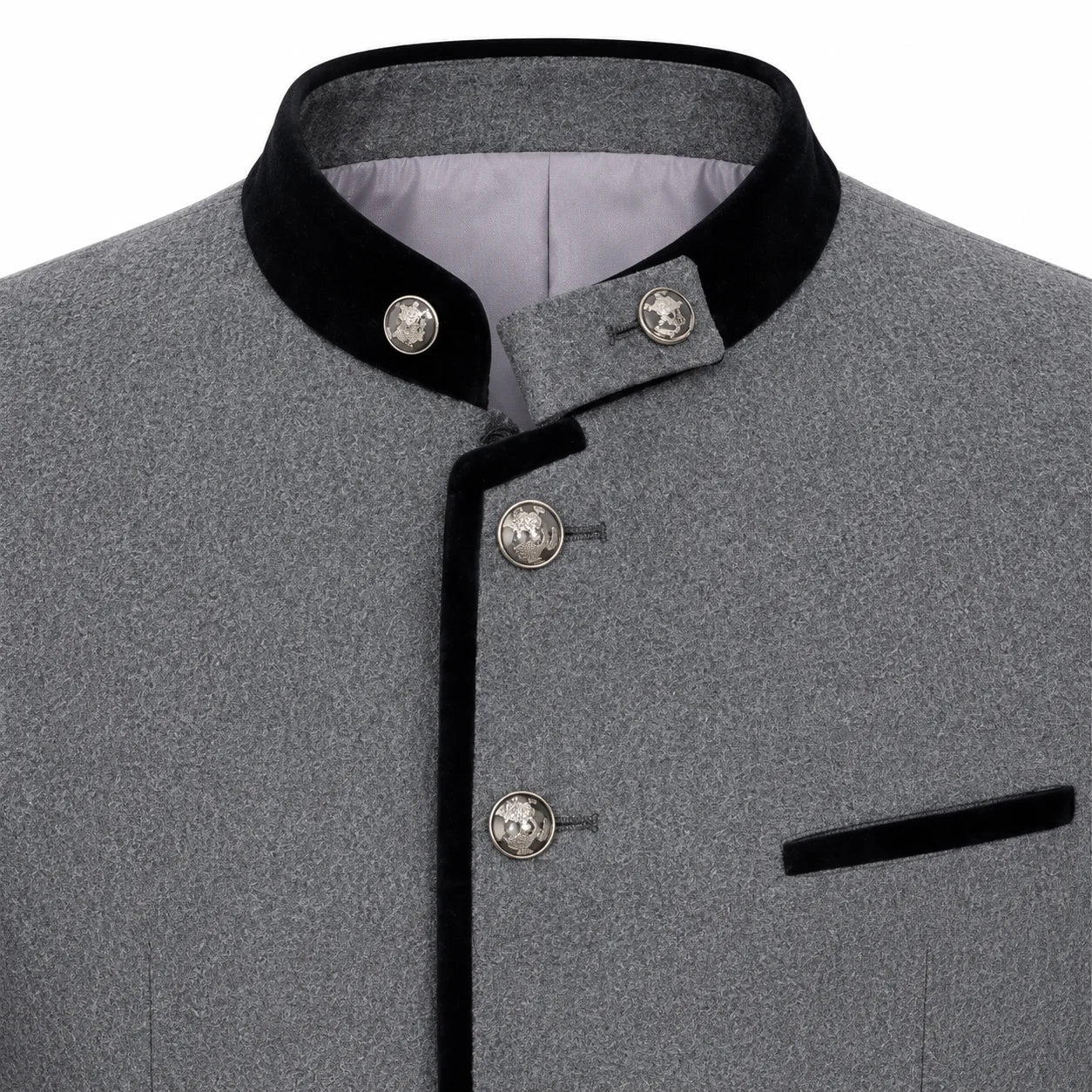 Close-up of a gray textured jacket with black velvet trim on the collar and front placket, plus decorative silver-tone buttons and a black pocket flap.