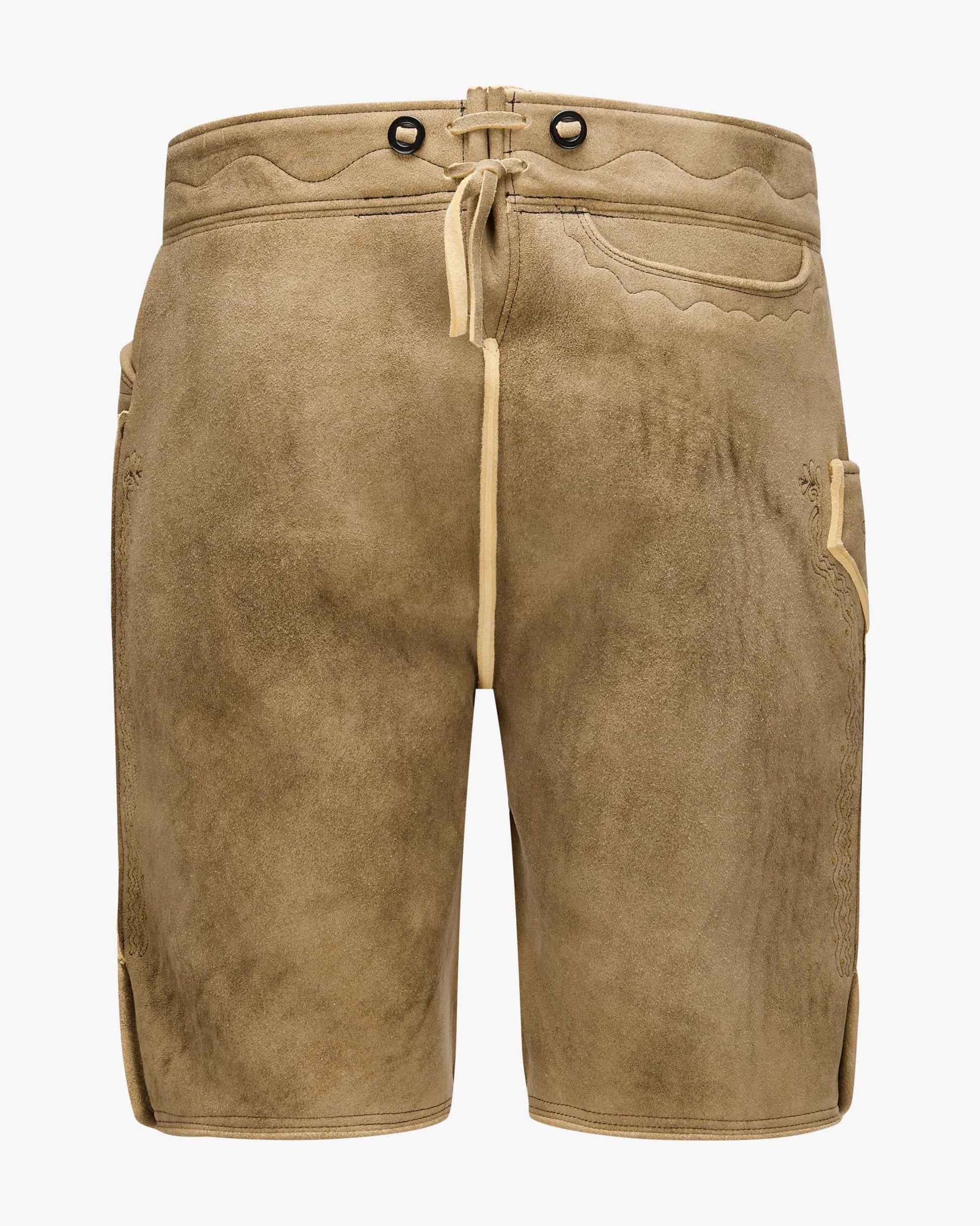 Brown suede shorts with drawstring on a white background