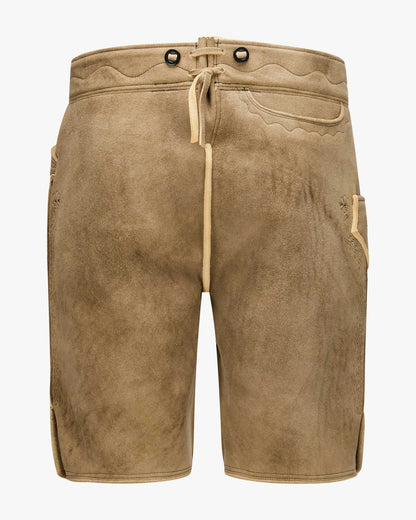 Brown suede shorts with drawstring on a white background
