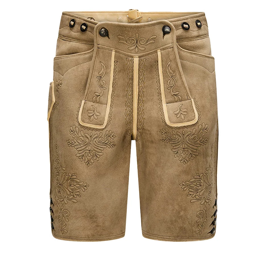 Brown leather shorts with intricate embroidery on a white background